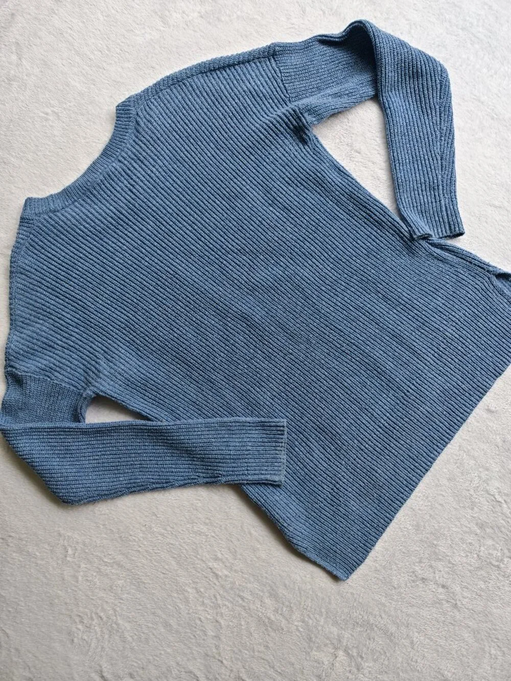Madewell Blue Ribbed Knit Sweater XS Crewneck Pocket Soft Cozy Aesthetic Minimal - Picture 8 of 9